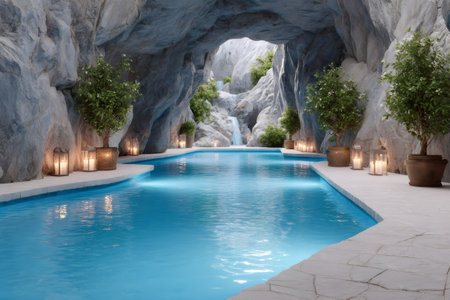Blue water swimming pool inside a natural grotto with ambient lighting and tropical plantsの素材