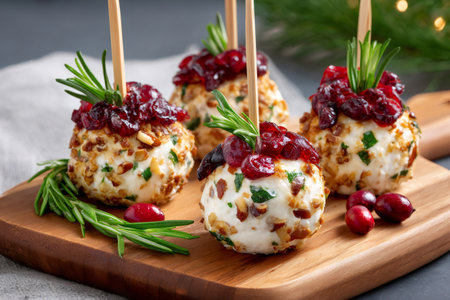 Holiday cheese balls with cranberry and rosemary on a wooden boardの素材