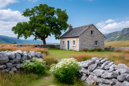 Stone cottage standing in a field with dry stone walls, a large tree, and distant mountainsの素材