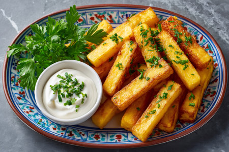 Golden polenta fries garnished with parsley and chives, served with a creamy dipの素材