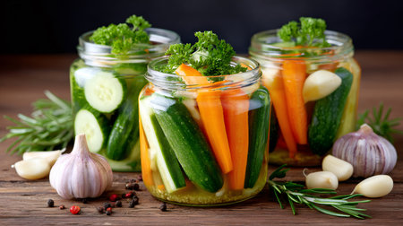 Fresh cucumbers, carrots, and herbs pickling in glass canning jarsの素材