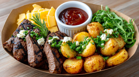 Delicious grilled steak served with roasted potatoes, cheddar cheese, arugula, and barbecue sauceの素材