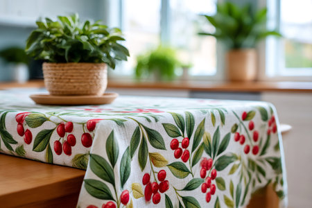 Kitchen table displaying a vibrant cherry pattern tablecloth and a potted green plantの素材