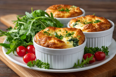Spinach souffle served with fresh rocket salad and cherry tomatoesの素材