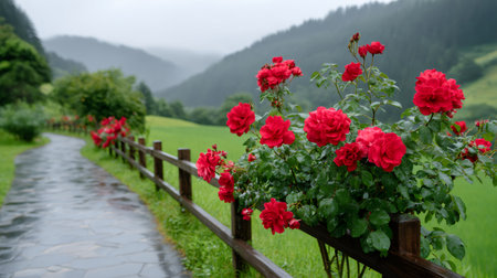 Wet red roses blooming on a wooden fence next to a winding path in the rainy countrysideの素材