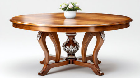 Round wooden dining table furnishing a classic interior with ornate carved detailsの素材