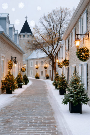 Quebec City street decorated with Christmas trees and lights during a snowy winter dayの素材
