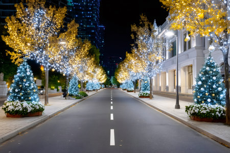 City avenue illuminated with shining blue and gold holiday lights and decorated Christmas treesの素材