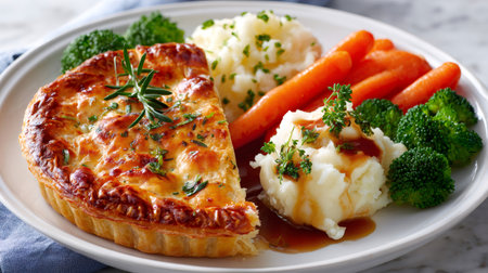 Hearty meat pie, mashed potatoes, glazed carrots, and broccoli on a white plateの素材