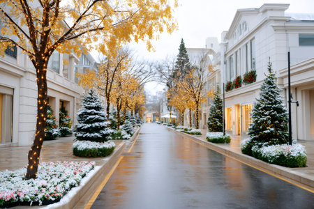 City street in winter decorated with Christmas lights and snow on treesの素材