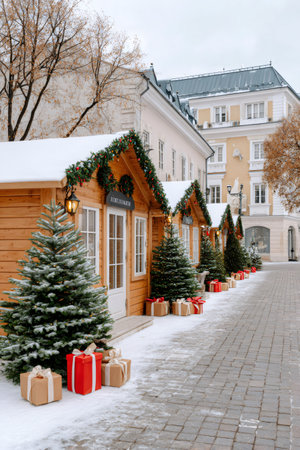 Festive wooden chalets decorated for Christmas in a winter market with presents and treesの素材