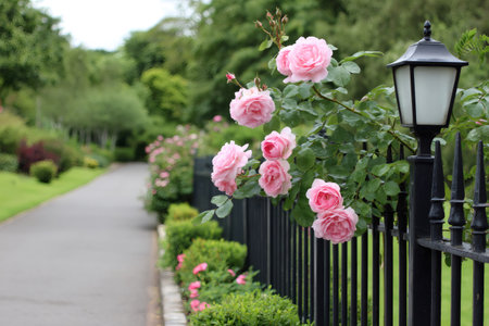Pink roses hanging over a black fence next to a lamp post and a garden pathの素材