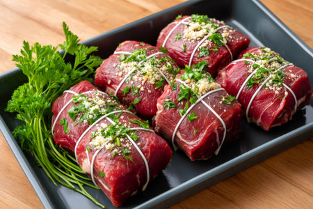Fresh beef roulades tied and seasoned with herbs and parsley ready for cookingの素材
