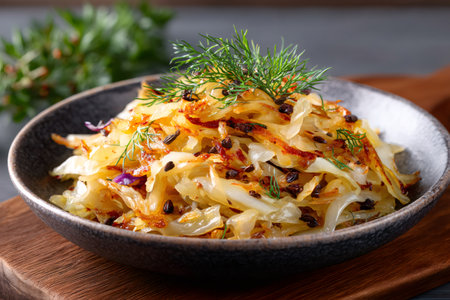 Fried cabbage with caraway seeds and fresh dill serving as a delicious vegetarian side dishの素材