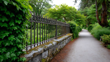 Tranquil park path winding through lush green trees and an old ornate fenceの素材