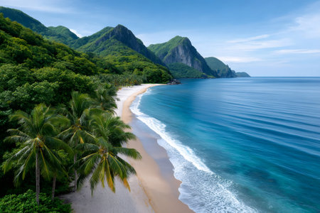 Aerial view of a stunning tropical beach with clear blue water and lush green mountainsの素材