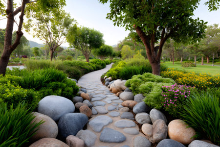 Winding stone path leading through a lush green garden with trees and rocksの素材