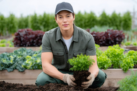 Young man holding plant seedling, preparing for planting in flourishing organic garden bedの素材