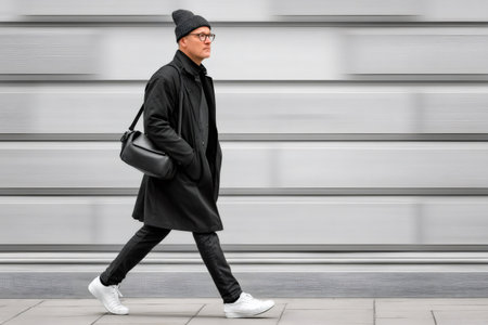 Stylish man walking on sidewalk with a bag and coat, motion blur in backgroundの素材