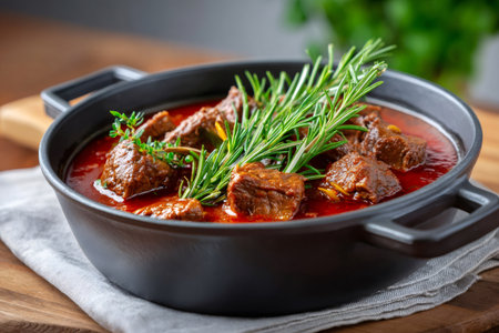 Hearty goulash with beef chunks and fresh rosemary in a black potの素材