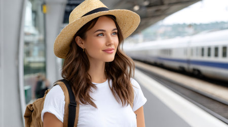 Woman wearing straw hat and backpack waiting for train, looking hopefulの素材