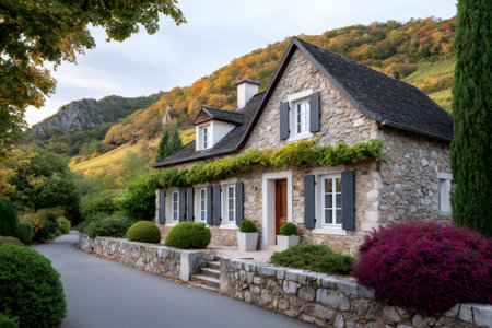 Rustic stone house standing in a scenic autumn landscape with vineyards and mountainsの素材