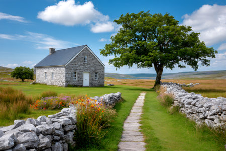 Stone cottage with a stone wall and path leading to a large tree in the Burren, Irelandの素材