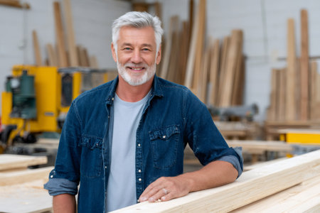 Smiling senior carpenter leaning on wood planks in a woodworking workshopの素材