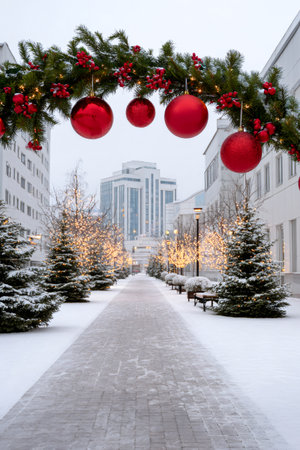 Urban street with festive garland, red ornaments, and illuminated trees creating a winter holiday sceneの素材