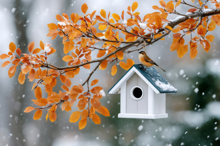 Bird sitting on a birdhouse roof with autumn leaves on a branch during snowfallの素材