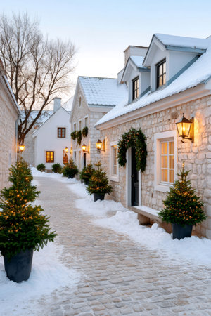 Stone houses lining a snowy cobblestone street with festive Christmas trees and wreathsの素材