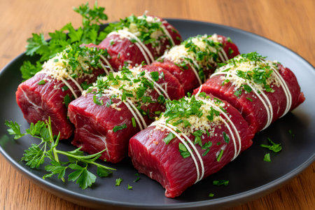Uncooked beef roulades with parsley and breadcrumbs on a black plate, ready for cookingの素材