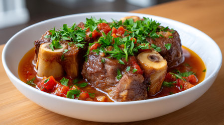 Osso buco served in a white bowl, garnished with fresh parsley and rich tomato sauceの素材