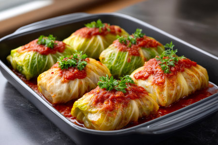 Stuffed cabbage rolls baking in a rectangular dish, topped with rich tomato sauce and parsleyの素材