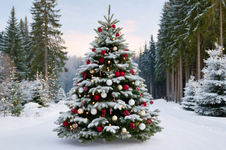 Decorated Christmas tree standing in a snow-covered forest during winter holidayの素材
