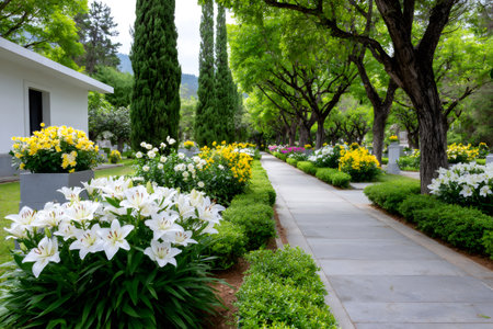 Cemetery winding path lined with white lilies, yellow flowers, green trees, and cypressの素材