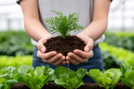 Person's hands cupping a small green plant in rich soil over a row of lettuceの素材