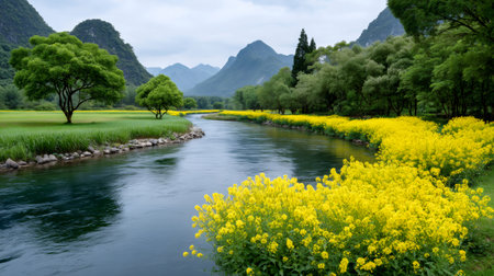 River gently flowing past vibrant yellow canola fields and green trees under mountainsの素材
