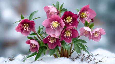 Hellebore flowers with pink petals and green leaves emerging from a bed of snowの素材