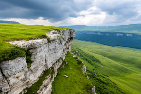 Lush green grass covering a dramatic cliff edge with a sweeping valley view under cloudy skiesの素材