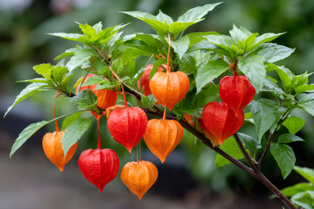 Chinese lantern plant with striking orange and red calyces hanging from a branchの素材