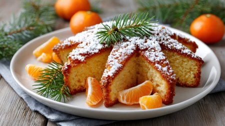 Bundt cake dusted with powdered sugar, decorated with tangerine wedges and pine needles for holidaysの素材