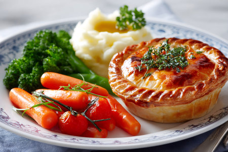 Golden meat pie served with mashed potatoes, broccoli, carrots, and tomatoes on a plateの素材