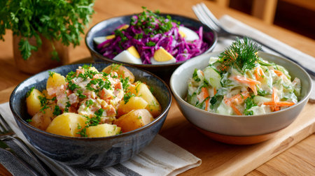 Three bowls of fresh salads including potato, red cabbage, and coleslaw side dishesの素材