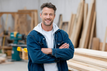 Confident manual worker in a woodworking shop looking at the cameraの素材