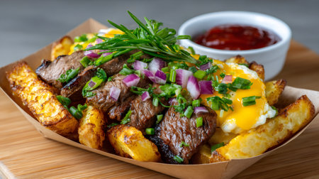 Steak, fried eggs, and fries with cheddar cheese sauce, chives, and red onionの素材