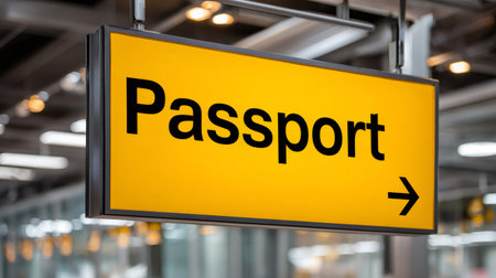 Yellow overhead sign showing Passport and an arrow pointing the way for passengersの素材