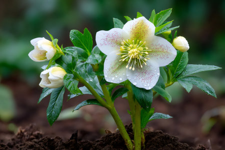 Hellebore plant displaying white speckled petals with green leaves and dew drops on soilの素材