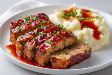 Sliced beef meatloaf topped with shiny ketchup glaze and fresh parsley, served with creamy mashed potatoesの素材