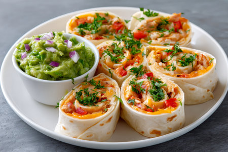 Tortilla pinwheels with chicken, cheese, and vegetables with a side of fresh guacamoleの素材